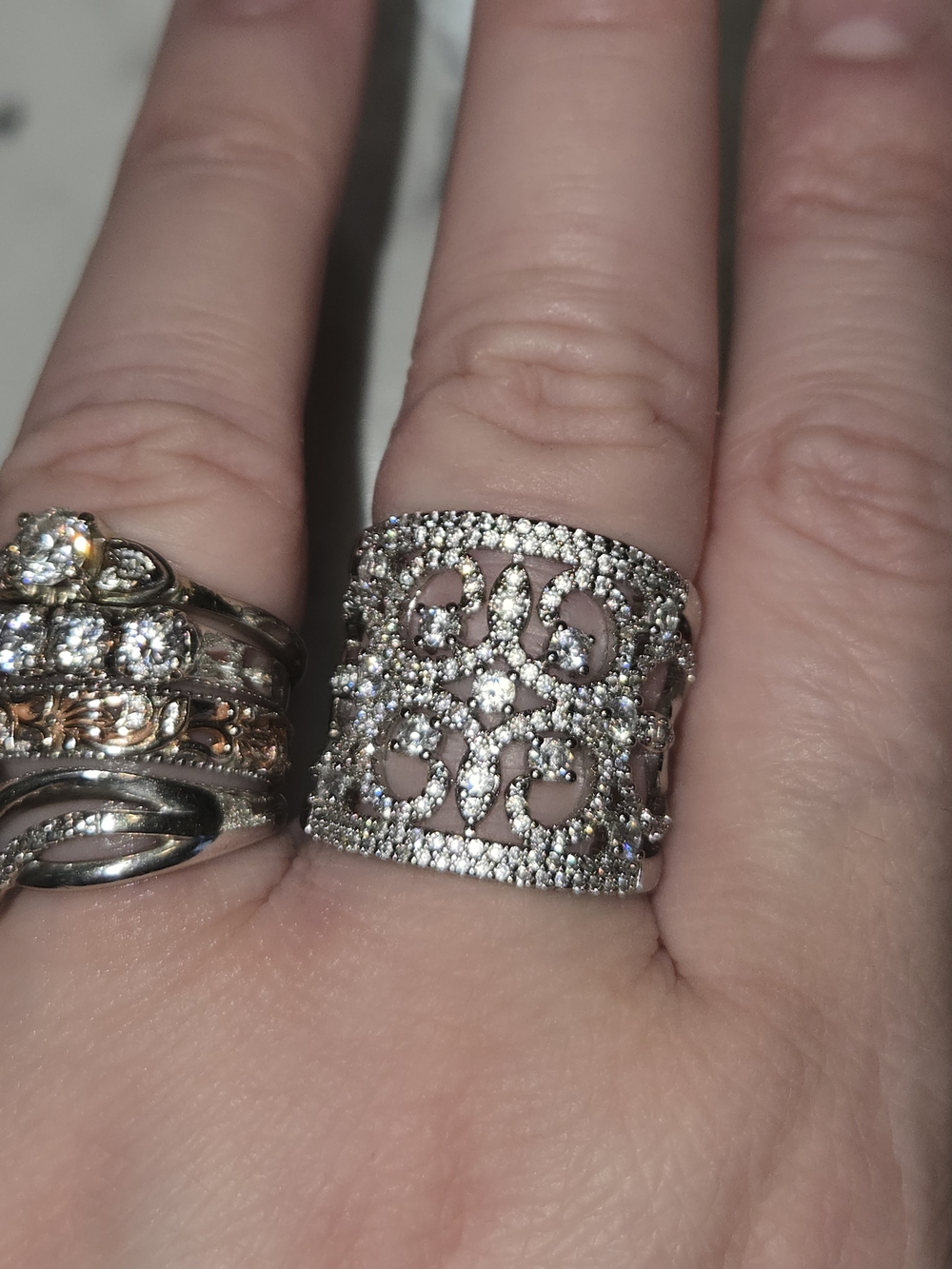 Sterling Silver Filigree Wide Band Ring with Clear Stones - Silver